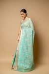 Tea Green Banarasi Woven Zari Cotton Saree With Unstitched Blouse