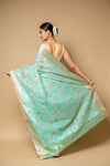 Tea Green Banarasi Woven Zari Cotton Saree With Unstitched Blouse