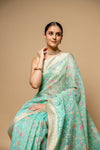Tea Green Banarasi Woven Zari Cotton Saree With Unstitched Blouse