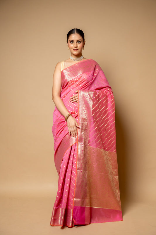 Gajari Banarasi Woven Zari Cotton Saree With Unstitched Blouse