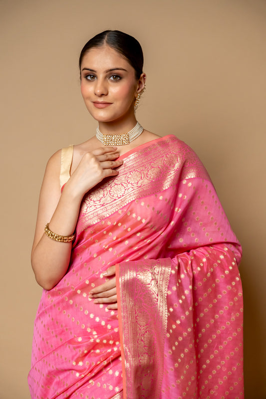 Gajari Banarasi Woven Zari Cotton Saree With Unstitched Blouse