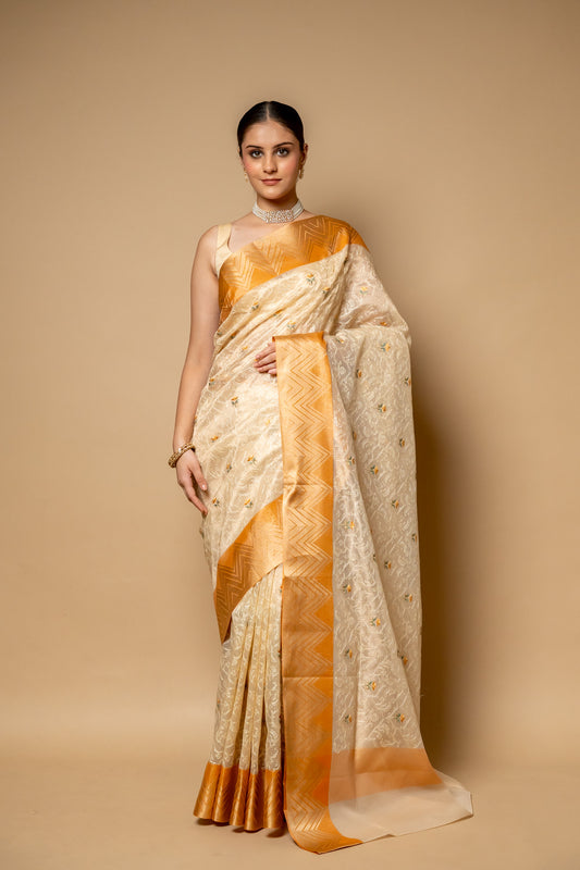 Tussar Banarasi Woven Zari & Threadwork Tissue Saree With Unstitched Blouse