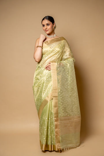 Pista Banarasi Woven Zari & Threadwork Cotton Saree With Unstitched Blouse