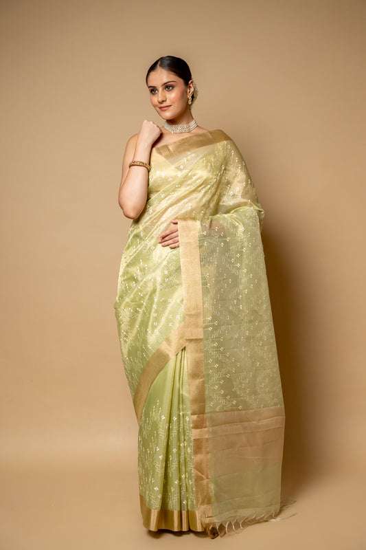 Pista Banarasi Woven Zari & Threadwork Cotton Saree With Unstitched Blouse