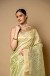 Pista Banarasi Woven Zari & Threadwork Cotton Saree With Unstitched Blouse