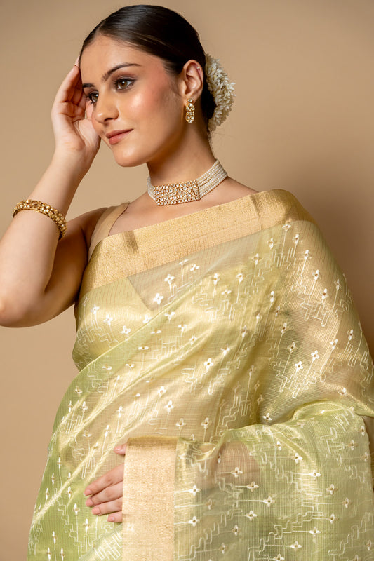 Pista Banarasi Woven Zari & Threadwork Cotton Saree With Unstitched Blouse