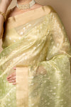Pista Banarasi Woven Zari & Threadwork Cotton Saree With Unstitched Blouse