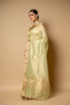 Pista Banarasi Woven Zari & Threadwork Cotton Saree With Unstitched Blouse
