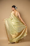 Pista Banarasi Woven Zari & Threadwork Cotton Saree With Unstitched Blouse