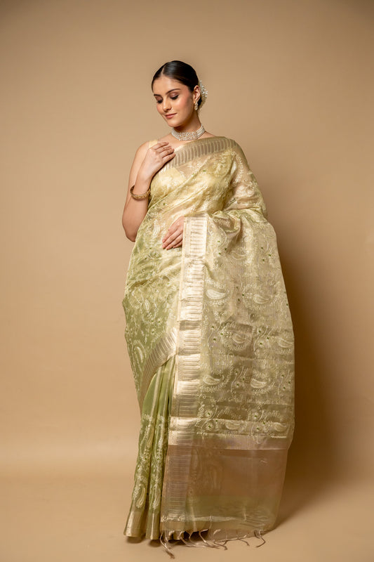 Pista Banarasi Woven Zari & Threadwork Cotton Saree With Unstitched Blouse