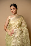 Pista Banarasi Woven Zari & Threadwork Cotton Saree With Unstitched Blouse