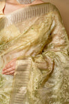 Pista Banarasi Woven Zari & Threadwork Cotton Saree With Unstitched Blouse