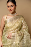 Pista Banarasi Woven Zari & Threadwork Cotton Saree With Unstitched Blouse