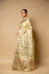 Pista Banarasi Woven Zari & Threadwork Cotton Saree With Unstitched Blouse
