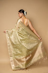 Pista Banarasi Woven Zari & Threadwork Cotton Saree With Unstitched Blouse