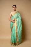 Tea Green Banarasi Woven Zari & Threadwork Cotton Saree With Unstitched Blouse