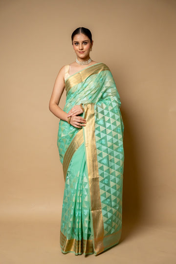 Tea Green Banarasi Woven Zari & Threadwork Cotton Saree With Unstitched Blouse