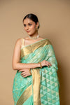Tea Green Banarasi Woven Zari & Threadwork Cotton Saree With Unstitched Blouse
