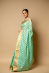 Tea Green Banarasi Woven Zari & Threadwork Cotton Saree With Unstitched Blouse
