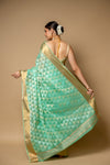 Tea Green Banarasi Woven Zari & Threadwork Cotton Saree With Unstitched Blouse