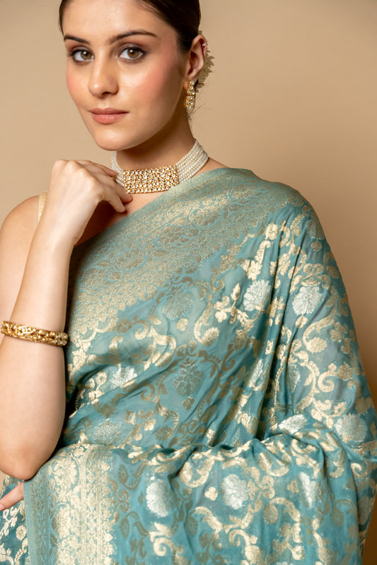 Mint Green Banarasi Woven Zari Khaddi Georgette Saree With Unstitched Blouse