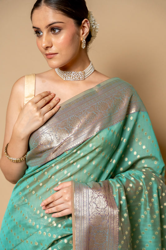 Mint Green Banarasi Woven Zari Cotton Saree With Unstitched Blouse