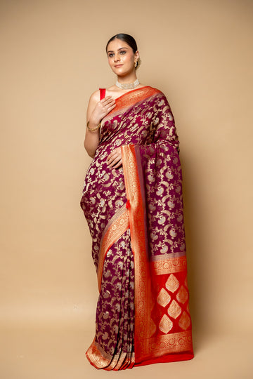 Wine Banarasi Woven Zari Chinon Saree With Unstitched Blouse