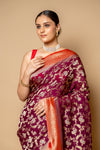 Wine Banarasi Woven Zari Chinon Saree With Unstitched Blouse