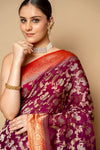 Wine Banarasi Woven Zari Chinon Saree With Unstitched Blouse