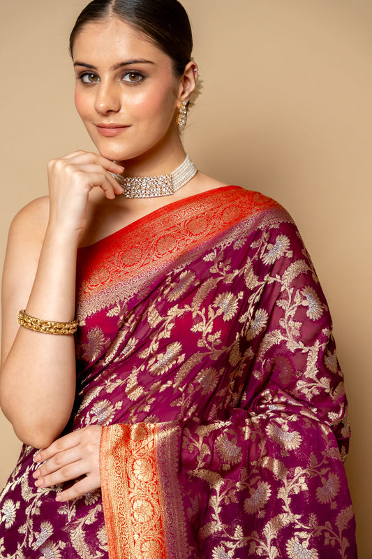 Wine Banarasi Woven Zari Chinon Saree With Unstitched Blouse