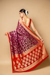 Wine Banarasi Woven Zari Chinon Saree With Unstitched Blouse