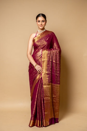 Garnet Banarasi Woven Zari Chinon Saree With Unstitched Blouse