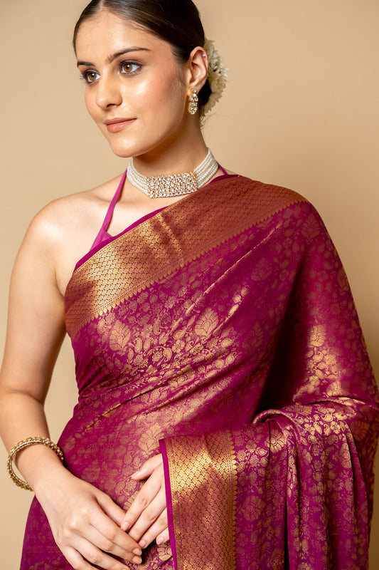 Garnet Banarasi Woven Zari Chinon Saree With Unstitched Blouse
