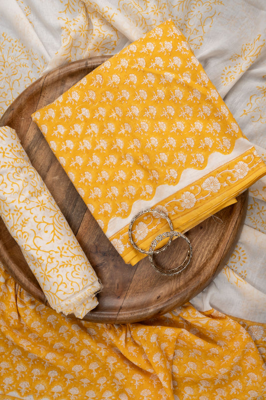 Mango Gold Floral Printed Cotton Unstitched Salwar Suit With Cotton Dupatta