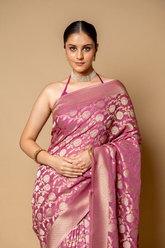 Gajari Banarasi Woven Zari Khaddi Georgette Saree With Unstitched Blouse