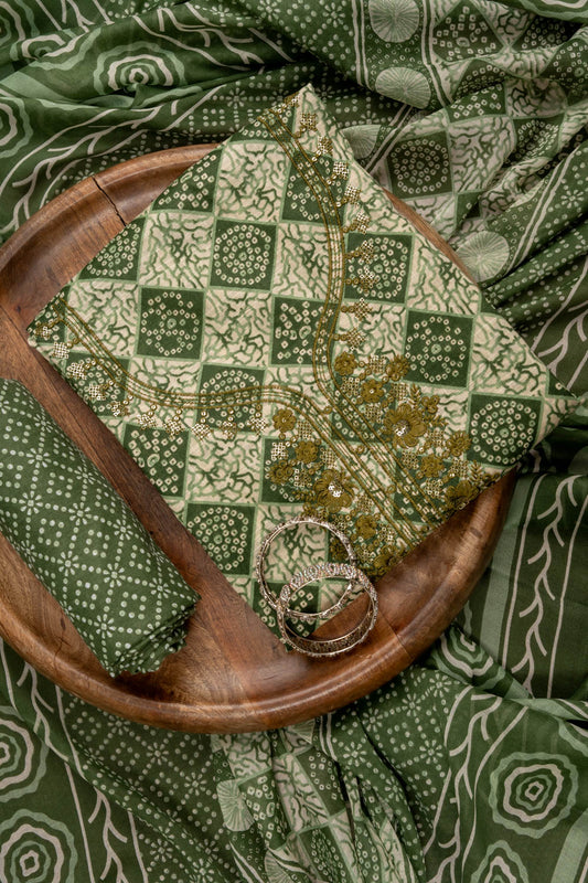 Mehndi Sequence, Threadwork & Digital Printed Cotton Unstitched Salwar Suit With Cotton Dupatta