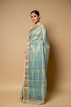 Tea Green Banarasi Woven Zari & Digital Printed Cotton Saree With Unstitched Blouse