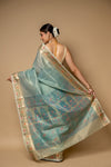 Tea Green Banarasi Woven Zari & Digital Printed Cotton Saree With Unstitched Blouse