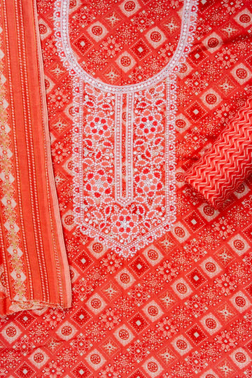 Coral Sequence, Threadwork & Digital Printed Cotton Unstitched Salwar Suit With Cotton Dupatta