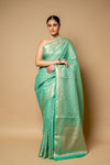Mint Green Banarasi Woven Zari Cotton Saree With Unstitched Blouse