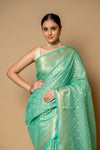 Mint Green Banarasi Woven Zari Cotton Saree With Unstitched Blouse