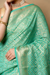 Mint Green Banarasi Woven Zari Cotton Saree With Unstitched Blouse