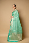 Mint Green Banarasi Woven Zari Cotton Saree With Unstitched Blouse