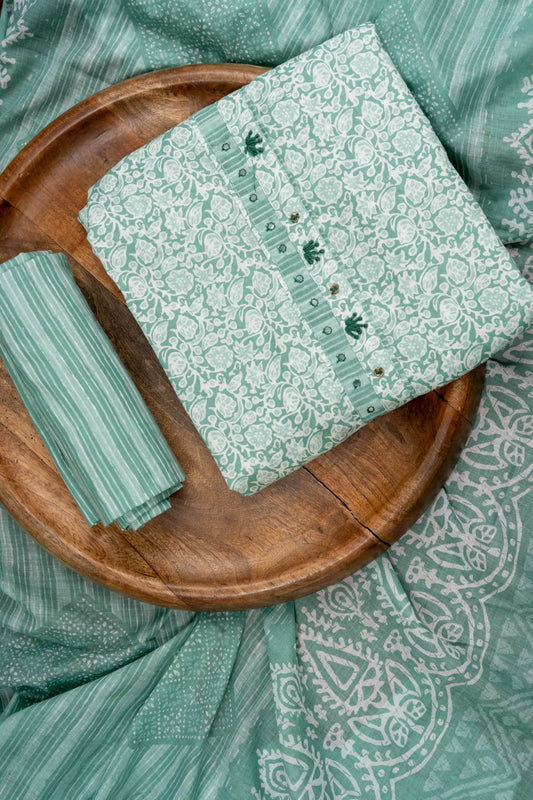 Mint Green Sequence, Threadwork & Floral Printed Cotton Unstitched Salwar Suit With Cotton Dupatta