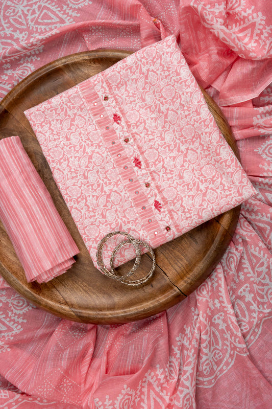 Pink Sequence, Threadwork & Floral Printed Cotton Unstitched Salwar Suit With Cotton Dupatta
