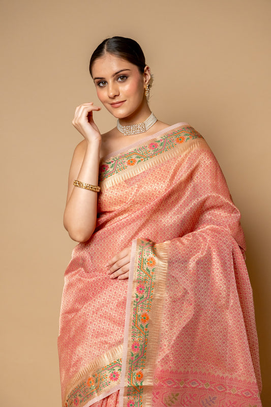 Gajari Banarasi Woven Zari & Digital Printed Cotton Saree With Unstitched Blouse
