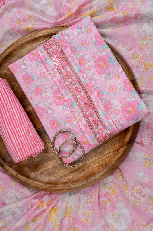 Pink Sequence, Threadwork & Floral Printed Cotton Unstitched Salwar Suit With Cotton Dupatta