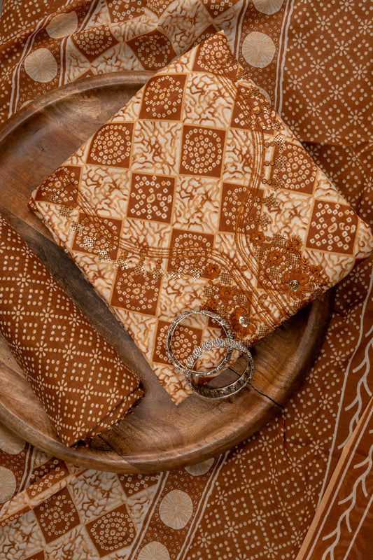 Brown Sequence, Threadwork & Digital Printed Cotton Unstitched Salwar Suit With Cotton Dupatta