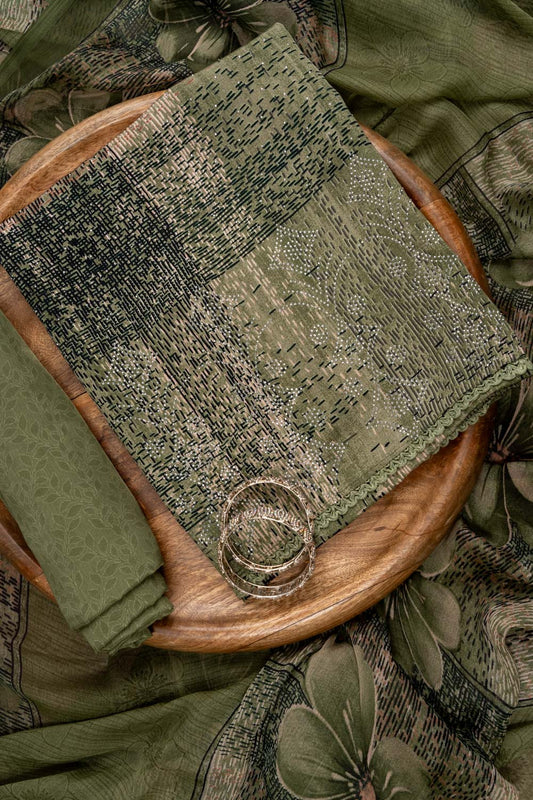 Mehndi Swarovski & Digital Printed Crepe Unstitched Salwar Suit With Chinon Dupatta