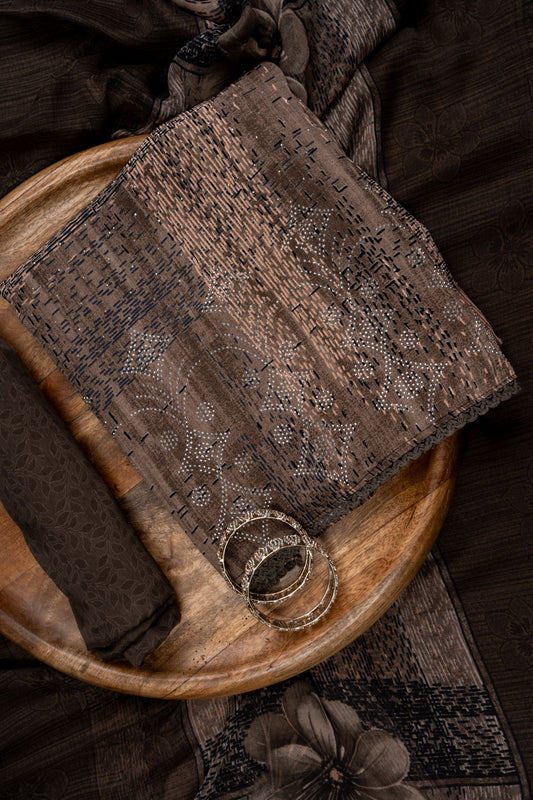 Chikoo Swarovski & Digital Printed Crepe Unstitched Salwar Suit With Chinon Dupatta